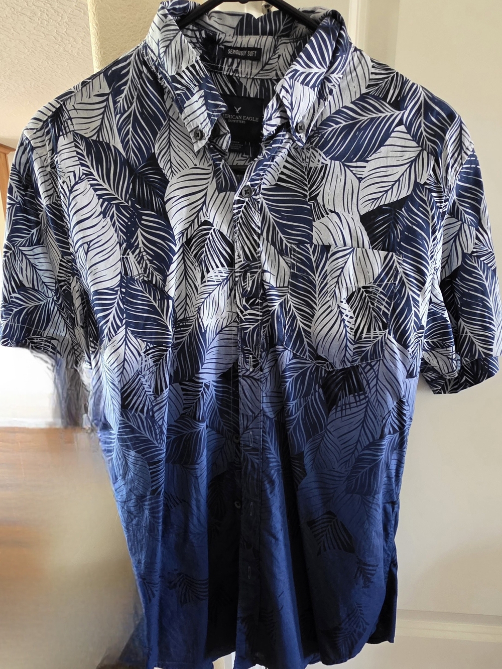 American Eagle Outfitters Navy and White Leaf-Print Short-Sleeve Button-Up